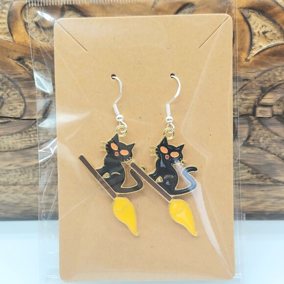 handmade Jewelry - Black Cat Earrings on Broomstick Halloween Earrings